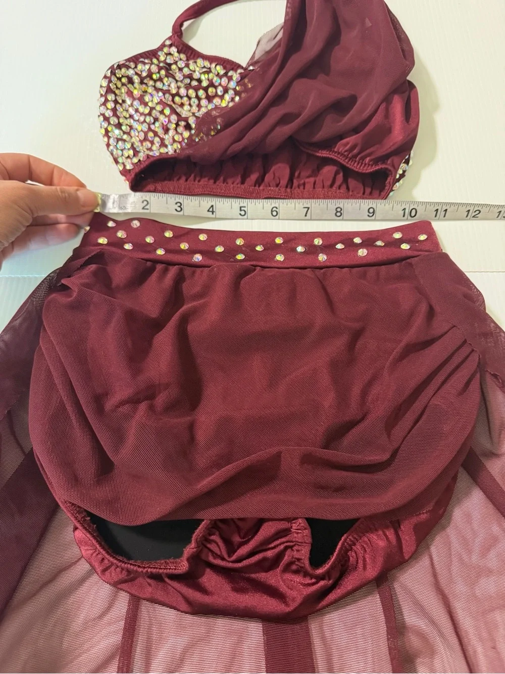 Kelle dance custom rhinestone solo costume burgundy red 2 piece 7114 teen